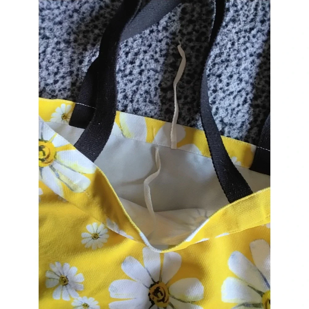 Handmade Yellow Daisy Canvas Tote Bag White Floral Print Reusable Shopper Purse
